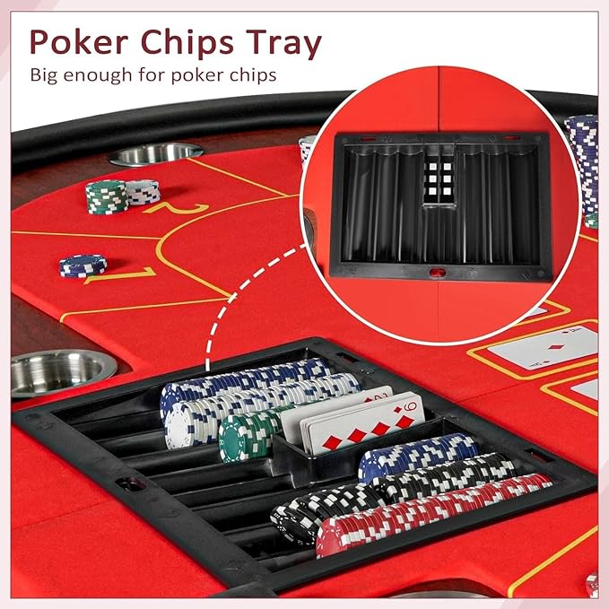 Upgrade 10 Player Poker Table, 84" Folding Oval Table with Stainless Steel Coasters & Cushion Rails, Casino Felt Top Texas Hold'em Table, Red