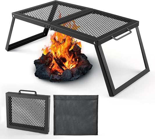 Odoland Folding Campfire Grill, Heavy Duty Steel Mesh Grate with Folding Legs and Storage Bag, Portable Camping Grates, Over Fire Pit Grill Rack for Outdoor Cooking and Bonfire