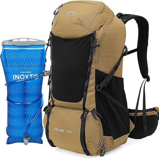 INOXTO 35L Hiking Backpack with 3Lwater bladder, Camping Backpack with Waterproof Rain Cover for Men, Outdoor Sport Travel Daypack for Climbing (Khaki 2)