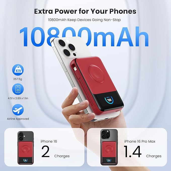 Magnetic Portable Charger 10800mAh with Built-in Cables,5-in-1 Qi2 Certified 15W Wireless Power Bank with iWatch Charger,30W PD Fast Charging USB-C Battery Pack for iPhone 17/16/15/14/13/12 Series-Red