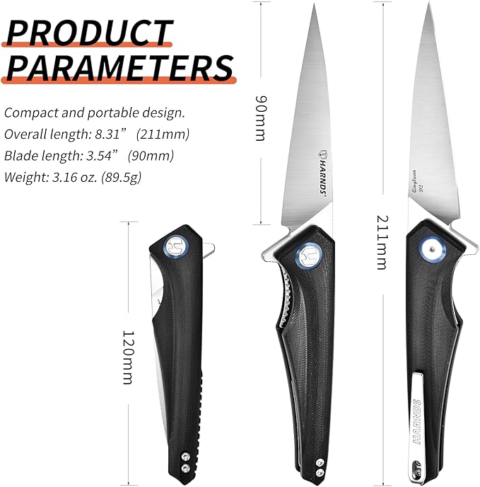 Qingluan Folding Knife with Pocket Clip, D2 Steel Blade 3.54'' and G10 Handle Outdoor Adventure knife EDC Camping Knife (Black)