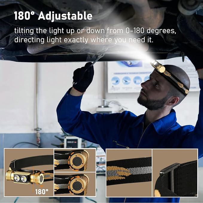 Headlamp, 1200 High Lumens Head Lamp for Adults, Waterproof and Impact Resistant, Adjustable and Comfortable Headband, Golden,Gifts for Family,Friend