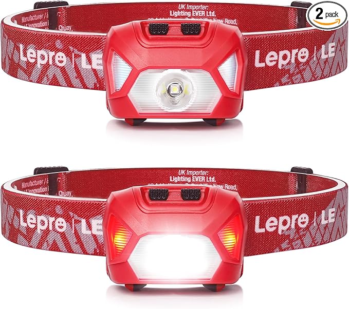 Lepro 320015 Battery Powered Headlamp - 1300Lux Super Bright LED Head Lamp with Red Light, IPX4 Waterproof Headlights for Outdoor Camping, Hiking, Hunting, Power Outages, Emergency, Hurricane - Red