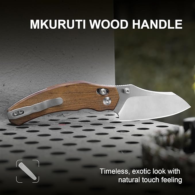 Kizer Bulldog Pocket Knife, 3 In Nitro V Blade Folding Knife Mkuruti Wood Handle Camping Hunting Knife with Reversible Clip, Clutch Lock Small EDC Knives for Men Women V3672A2