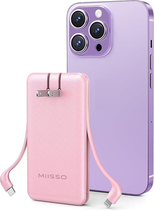 Ultra Slim 10000mAh Power Bank Built-in Cables and Foldable AC Wall Plug, Pocket Size USB C Portable Charger, External Battery Pack Compatible with iPhone Samsung iPad etc, Pink
