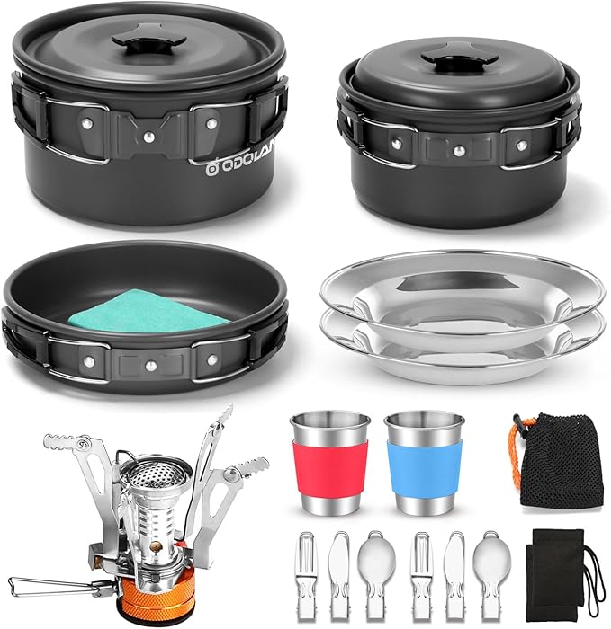 Odoland 16pcs Camping Cookware Mess Kit with Folding Camping Stove, Non-Stick Lightweight Pots Pan Set with Stainless Steel Cups Plates Forks Knives Spoons for Camping, Backpacking, Outdoor Cooking