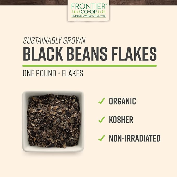 Frontier Co-op Organic Black Beans Flakes 1lb - For Black Bean Burger Patties, Dry Bean Soup Mix, Black Bean Dip and More