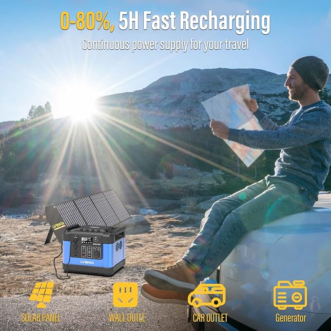 Lipower Solar Generator, 1120Wh Power Station 3 * 1000W AC Outlets(2000W peak), 60W USB-C Output, Generator for Camping, CPAP, Home BackupBlue+1 Solar Panel