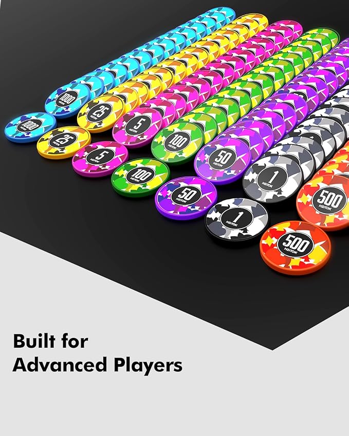 Poker Chips with Denominations, 600-pcs 11.5g Weighted Numbered Casino Chips Set, 2 Decks with Compact Aluminum Case for Texas Hold'em, Blackjack
