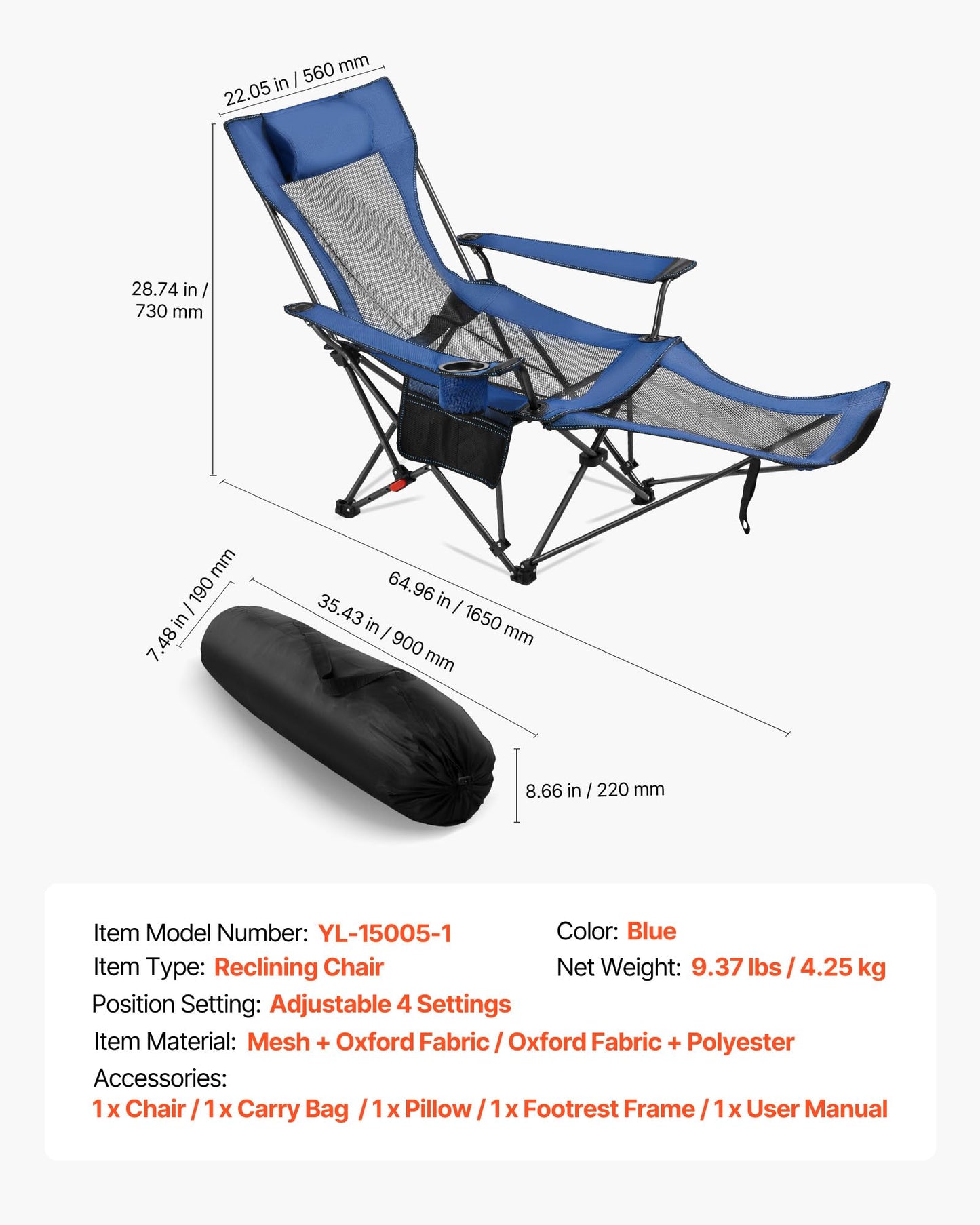 VEVOR 2-in-1 Reclining Camping Chair with Footrest for Adults, 4 Adjustable Positions, Portable