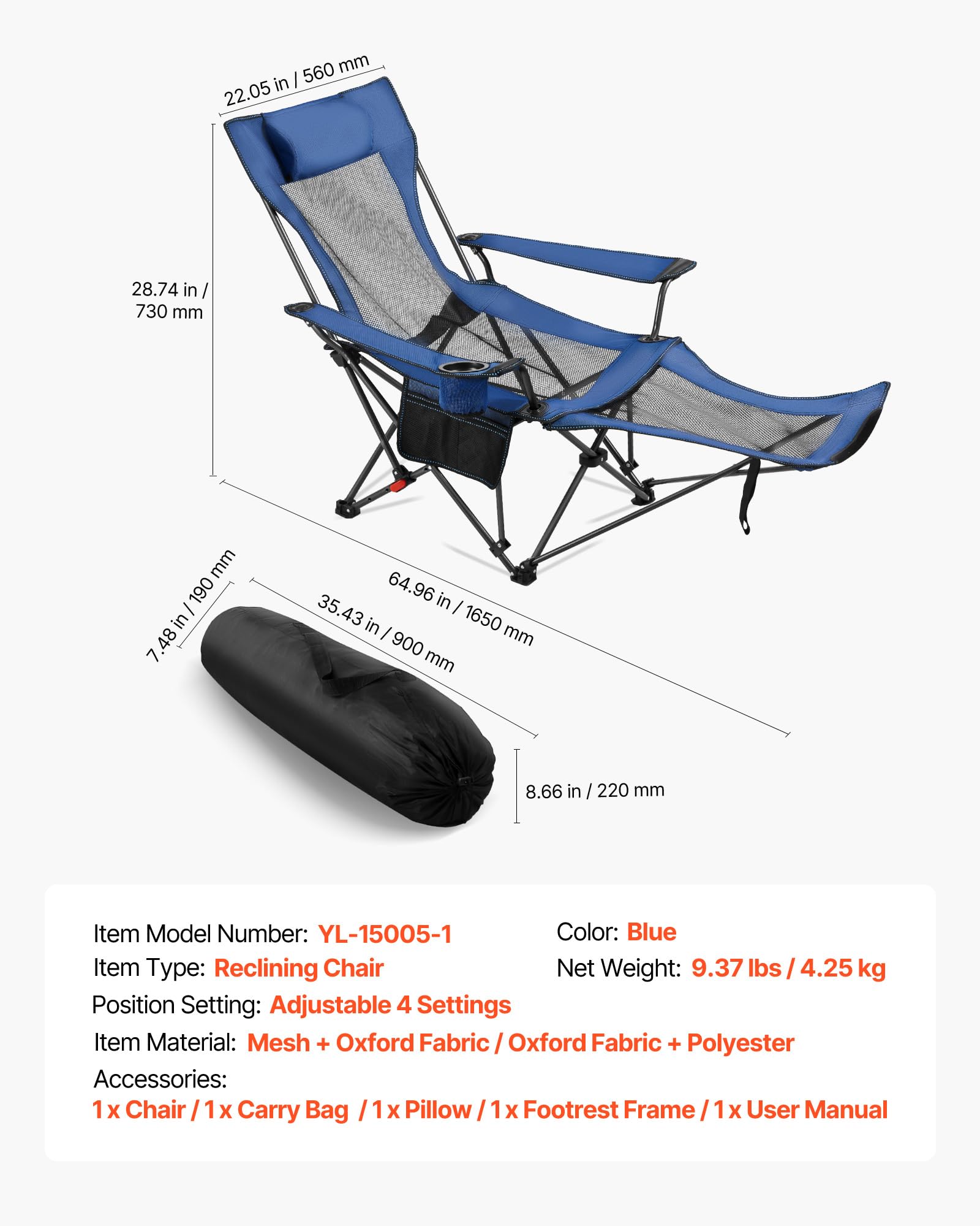 VEVOR 2-in-1 Reclining Camping Chair with Footrest for Adults, 4 Adjustable Positions, Portable