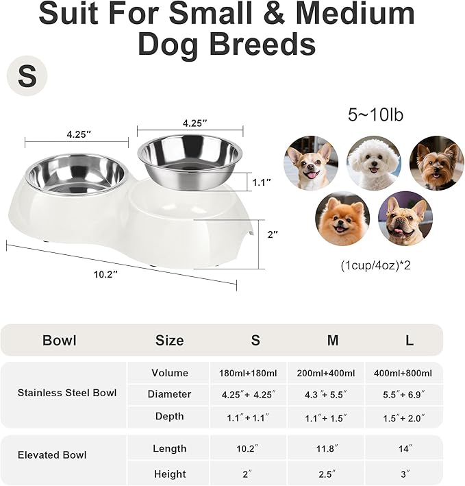 Stainless Steel Dog Bowls Set – Dual Non-Slip Pet Dishes with 2 Small (4oz*2) Bowls & Durable Resin Stand,Food & Water Feeder for Puppies and Kittens– White