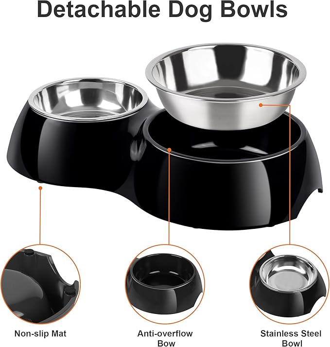 Double Dog Bowls Set ??Non-Slip Pet Food & Water Dishes with Resin Stand, Includes Small (1 Cup) & Medium (2 Cups) Bowls ??Ideal for Puppies, Cats, and Medium Dogs ?“Black