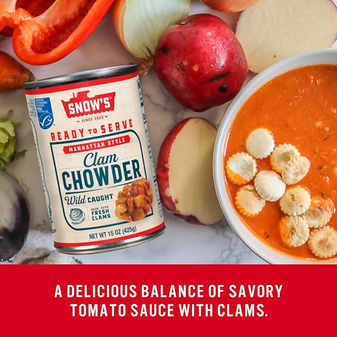 Snow's Manhattan Clam Chowder, 15 oz Can (Pack of 12) - 11g Protein per Serving - Ready-to-Serve Authentic Manhattan Style Recipe