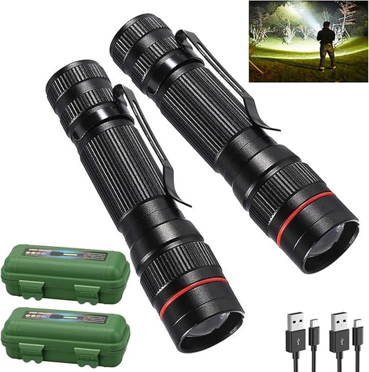 LED Flashlight Rechargeable 2 Pack, High Lumens Tactical flahlight, Super Bright Small Flash Light, Mini Pocket Torch, 3 Modes Zoomable Portable Keychain Flashlights for Camping, Emergency