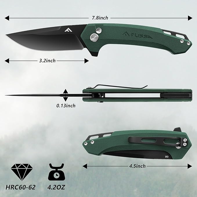 FLISSA Pocket Folding Knife, 3.2??D2 Blade G10 Handle EDC Knife with Button Lock and Pocket Clip for Hunting, Camping, Survival, Outdoor Activities(Green)