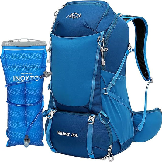 INOXTO 35L Hiking Backpack with 3Lwater bladder, Camping Backpack with Waterproof Rain Cover for Men, Outdoor Sport Travel Daypack for Climbing (Dark blue)