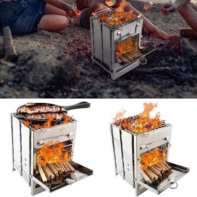 Camping Wood Burning Stove with Grill, Collapsible Backpacking Survival Rocket Stove Stainless Steel Campfire Stove for Outdoor Cooking Picnic Hiking BBQ (Sliver-Small)