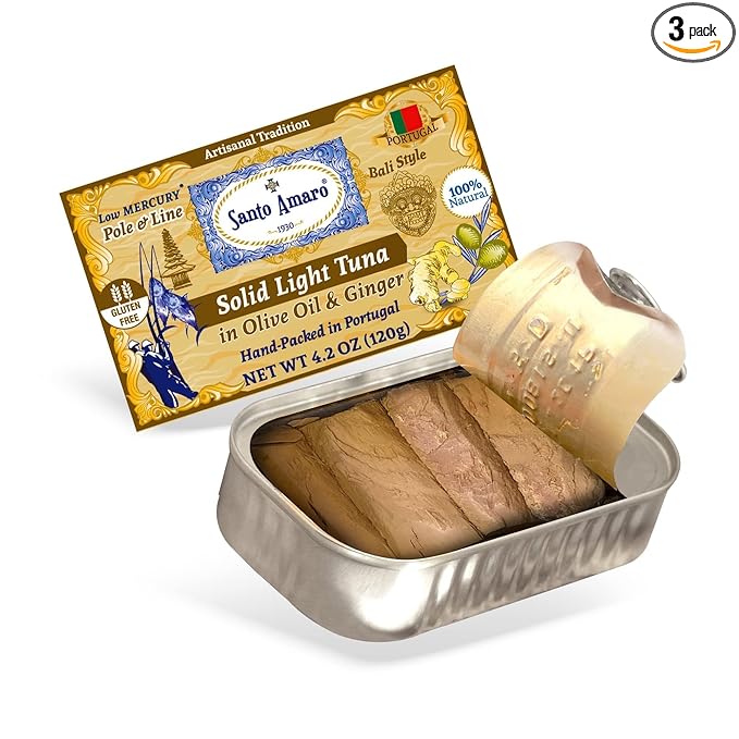 Santo Amaro - Artisanal Wild Tuna Fillets in Olive Oil & Ginger, Pole & Line Wild Caught Tuna from Portugal, Hand-Packed Bali-Style Canned Tuna Fish, 22g Protein, Paleo, Keto, Low Mercury, Pack of 3
