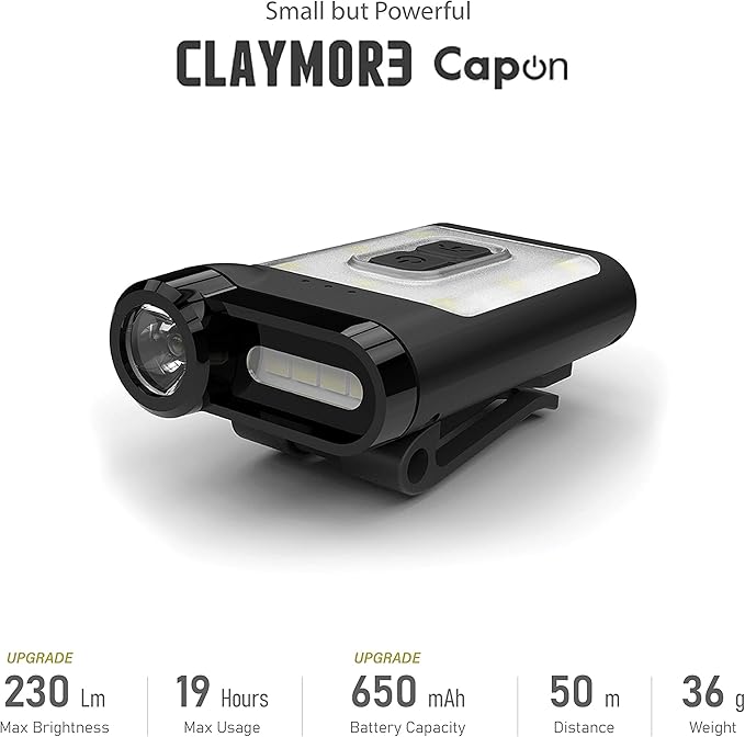 Claymore Capon 65A+ Tan Ultra-Light Clip-On Cap Light ??USB-C Rechargeable 230LM LED Compact Headlamp | 3 Modes IP54 Water-Resistant Up to 19 Hrs Runtime for Camping, Running, Outdoor