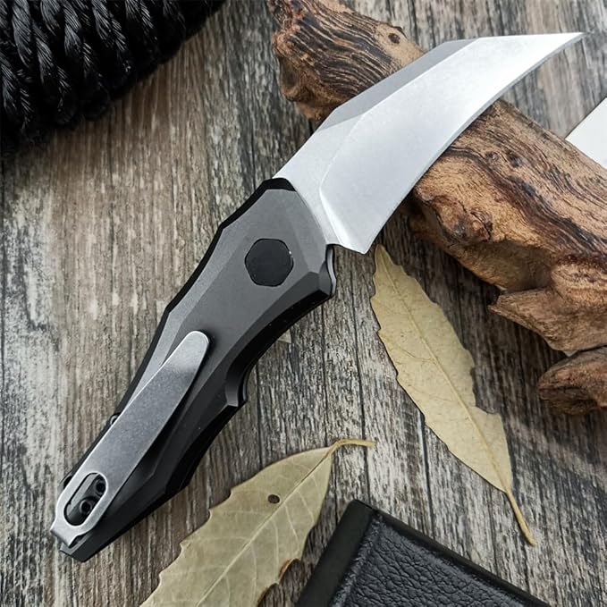 HUAAO Push Button Knife, Spring Assisted Opening, EDC Folding Pocket knives For Men,2.08 inch 8Cr13Mov Hawkbill Blade，gray aluminum handle,With Deep Carry Pocket Clip