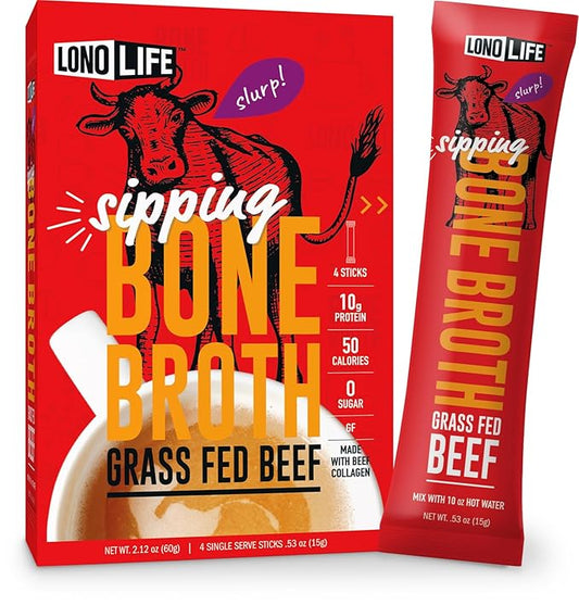 LonoLife Beef Bone Broth Powder Mix | Grass-Fed, 10g Protein | Collagen-Rich, Keto & Paleo Friendly | Natural Ingredients | 4 Portable Stick Pack Servings