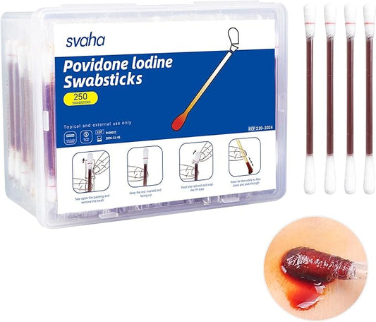 Svaha Povidone Iodine Swabsticks - 250 Individually Wrapped Sticks Iodine Cotton Swabs per Box for Home, Travel, First Aid Wound Cleansing, and Pet Scratch Care