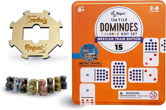 Regal Games - Mexican Train Dominoes Game Set - Double 15 Colored Dot Dominoes - 8 Metal Trains, 136 Tiles, Wooden Hub, Collector?™s Tin - Fun Family-Friendly Game - for 2-8 Players
