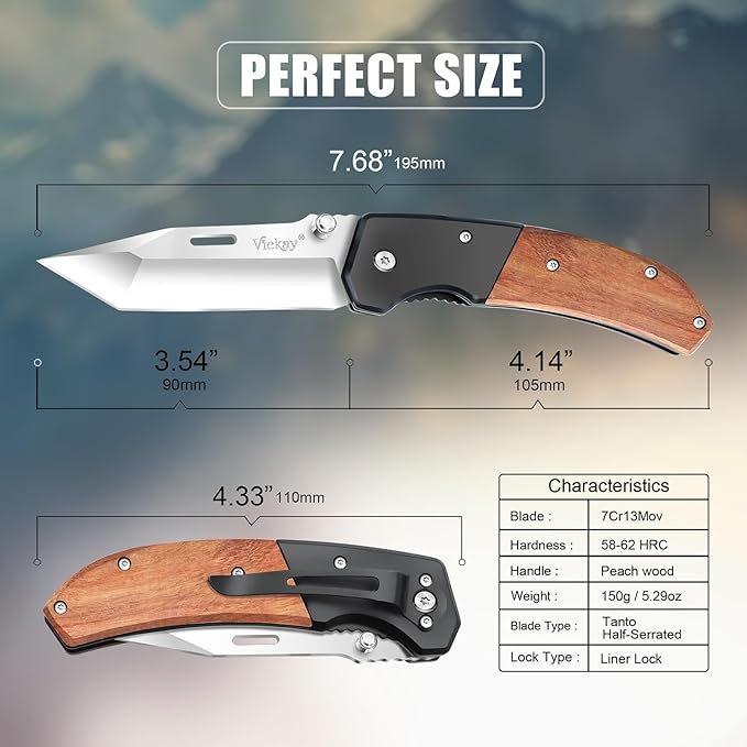 Vickay Pocket Knife, Folding Knife with Clip - 3.54??Tanto Blade, Wood Handle EDC Knife for Men & Women, Outdoor Camping, Tactical, Hiking, Survival - Father?™s Day Gift (Satin Silver)