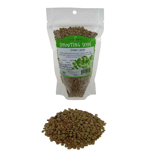 Organic Dried Green Lentil Sprouting Seed: 8 Oz - Dry Lentils for Planting Garden Seeds, Soup, Cooking or Sprout Salad, Sprouts