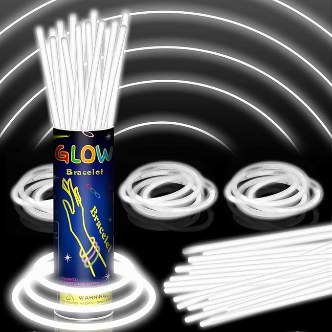 150 Pack 8??White Glow Sticks Bulk with 150 Connectors Neon Glow In The Dark Party favors Supplies for Holiday Birthday Party Decoration (White)