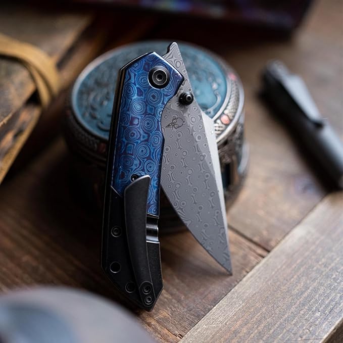 KANSEPT Fenrir Pocket Folding Knives for Men Women EDC Camping Fishing Knives 3.48'' Damascus Harpoon Blade Knives with Black Stonewashed Titanium Timascus Handle and Ti Clip Tactical K1034A8