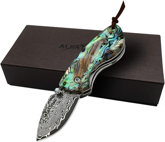 ALBATROSS Mini Pocket Knife - 4.75" Modern Damascus Steel Folding Knife with Abalone Seashell Handle - 71 Layer Handcrafted Blade - Liner Lock System - Luxury Gift Box - HGDK013B