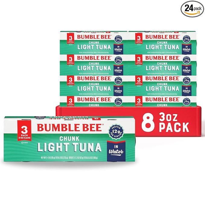 Bumble Bee Chunk Light Tuna In Water, 3 oz Cans (8 Packs of 3, 24 Cans Total) - Wild Caught Skipjack Tuna - 12g Protein Per Serving - MSC Certified Sustainable Seafood, Non-GMO, Gluten Free, Kosher