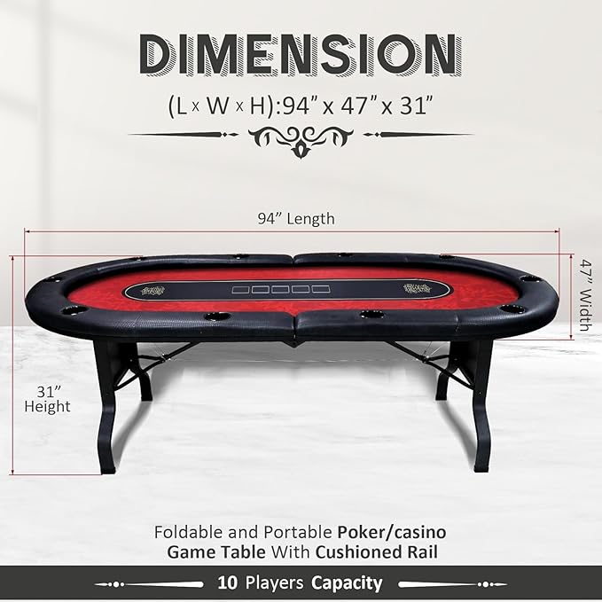 GUTSHOT Foldable Poker Table for 10 Players with 10 Chairs and Poker Chips Set - Premium Soft-Padded Armrest, Individual Cup Holders- Crafted with Durable Materials, Long-Lasting Poker Table
