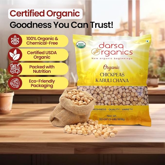 Darsa Organics Chickpeas (Garbanzo Beans) 2 lb | Kabuli Chana Dal | USDA Organic, Non-GMO, Kosher | Protein & Fiber Rich | Great for Hummus, Curries, Stews & Salads