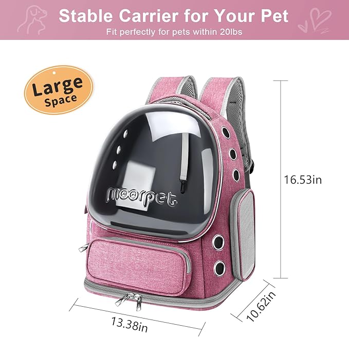 Cat Backpack Carrier, Breathable Cat Bubble Backpack Large Space Cat Carrier Backpack for Kitty Small Dog, Foldable Airline Approved Cat Backpack, Transparent Pet Travel Backpack Up to 20 lbs (Pink)