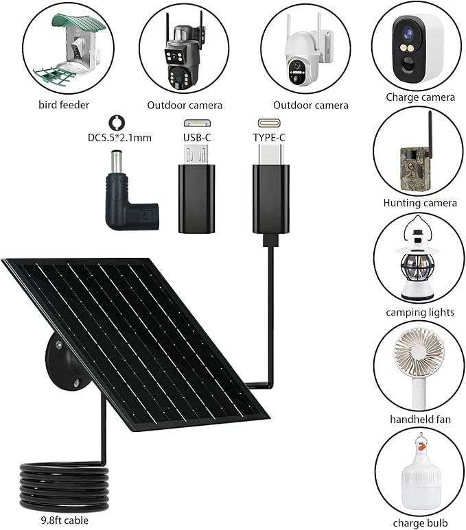 Solar Panel for Security Camera 5V 6W USB Solar Panel Charger Type-C Port?�Micro USB Port＆DC Port Solar Sanels for Cameras with 9.8ft Charging Cable Charging Power IP65 Waterproof (2 Pack Black)