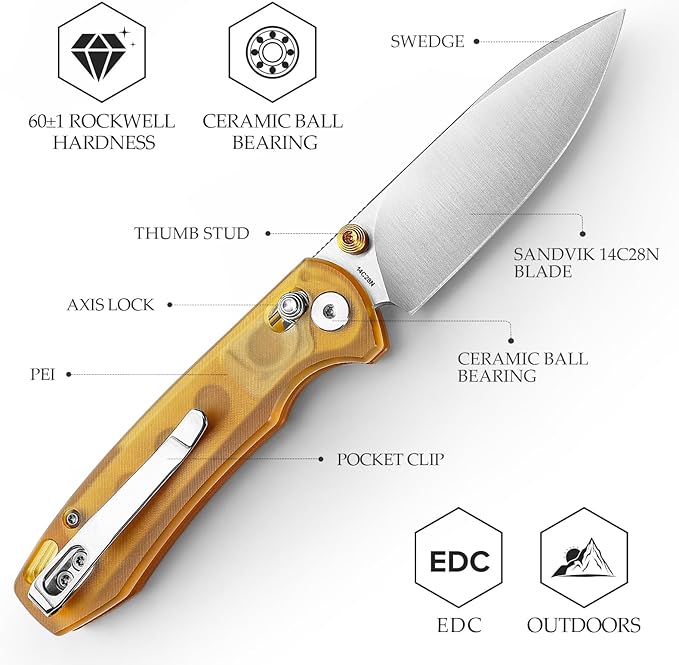 EDC Folding Pocket knife with Clip for Men,Thumb Studs Crossbar Lock Knives with 2.99" 14C28N Steel Blade, Ultem Handle for Camping Hiking,Dragonfly-Y