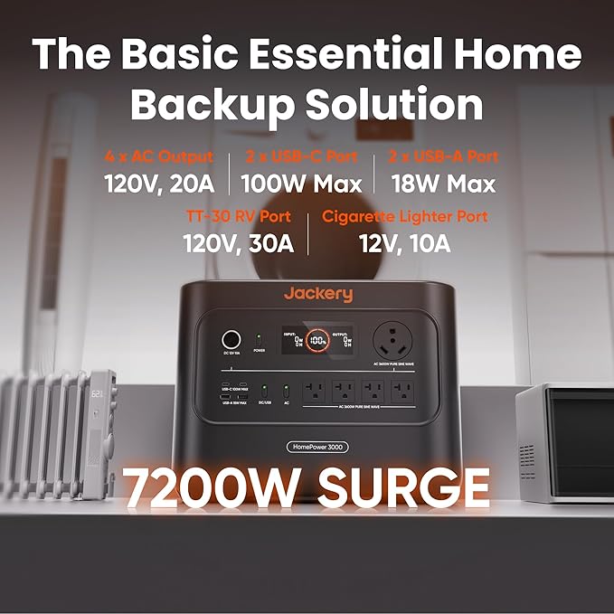 Jackery HomePower 3000 Portable Power Station with Extreme Guard Carrying Bag, 3600W (Surge 7200W) Output, 3072Wh LFP Battery Solar Generator, Essential Backup for Home Use, Power Outage, Emergencies