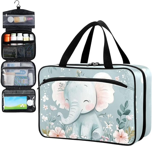 Fustylead Cute Elephant and Flower Pill Organizer Bag Large Medicine Travel Carrying Case with Zipper for Vitamin Supplements Fish Oil, Empty First Aid Kit for Hiking Camping