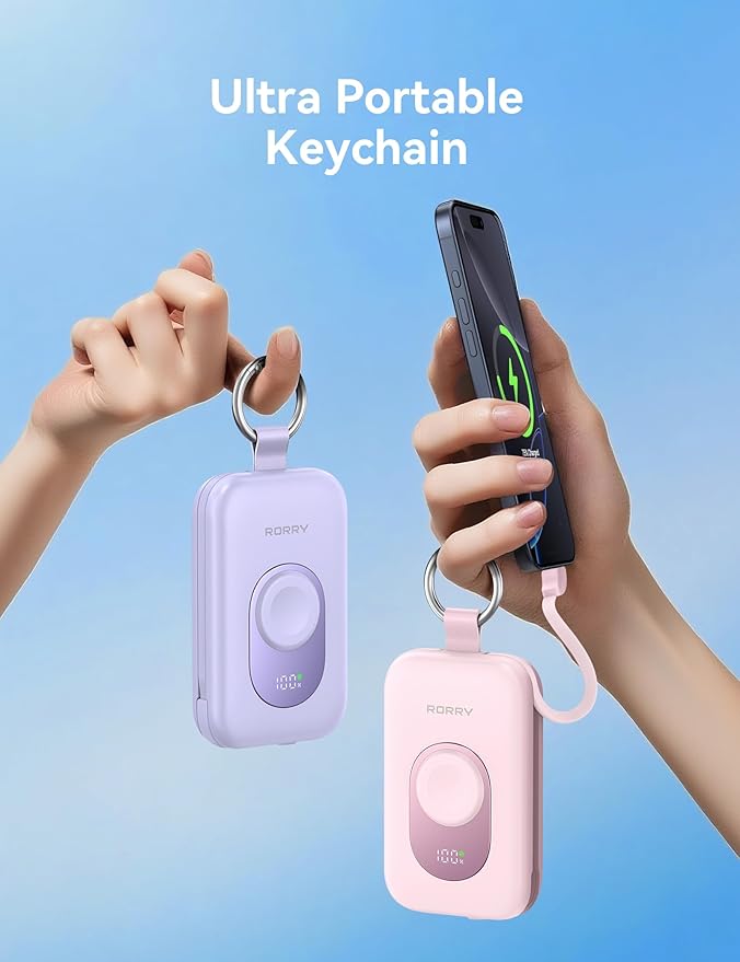 RORRY Portable Charger, 20000mAh PD 30W Portable Charger Power Bank with 2 Built-in Cables, Super Fast Charging Battery Pack with Keychain, Travel Essentials for iPhone, Apple Watch, iPad, Pink