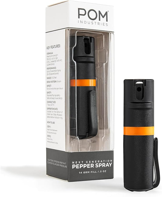 POM Pepper Spray Pocket Clip, Quick Flip Top Safety, Maximum Strength OC Formula with UV Marking