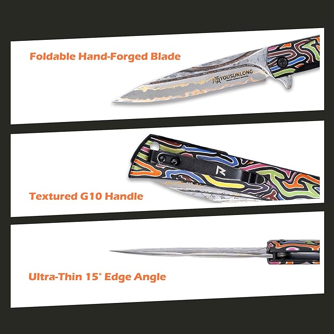 YOUSUNLONG Folding Knife Camping Knife - CuMai Damascus Steel Blade - Multicolored G10 Handle Cover