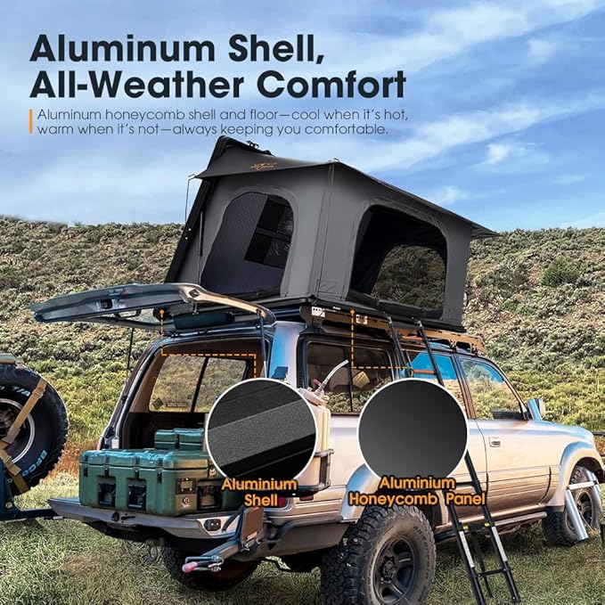 SanHima Rooftop Tent Hard Shell - Hotham Side Overland Aluminium Roof Top Tent Side-Open Design, Larger Space, Tri-Color LED Light & Skyview Window, for 2-3 People Car SUV Truck Camping