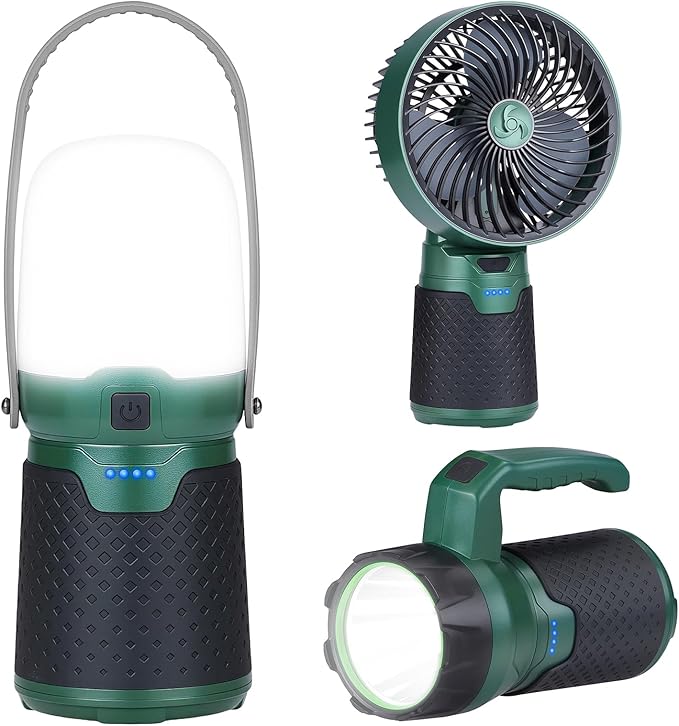 4 in 1 Modular Rechargeable Camping Lantern, Portable LED Flashlight, Outdoor Camp Fan, 4400mAh Power Bank, IPX4 Waterproof Camping Essentials Set for Emergency, Hiking, Fishing