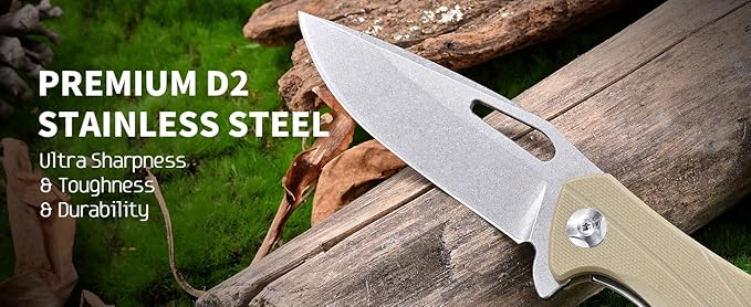 Folding Pocket Knife with D2 Steel Blade, G10 Handle, Black, 3.43 Inch EDC Knife, Pocket Clip for Camping, Survival, Hiking