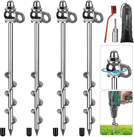 4 Pack Tent Stakes, 12 Inch Heavy Duty Ground Anchors, Full Welding, Easy to Screw in and Reusable, for Camping Tents, Trampolines, Sheds, Swing Sets, Securing Animals