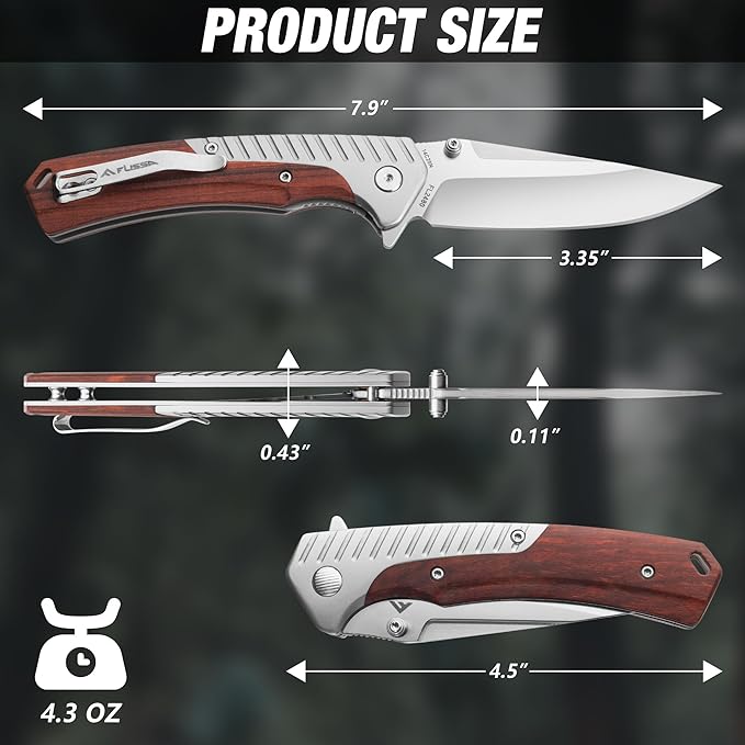 FLISSA Pocket Knife with 3.35" 14C28N Steel Blade, Liner Lock Folding Knife with Wood Handle for EDC, Camping, Hiking, Outdoor Activities, Gift for Men and Women