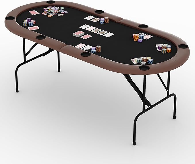 8 Player Foldable Poker Table, 71" Portable Folding Poker Game Tables with Collapsible Legs, Cup Holders, Casino Grade Felt Surface, Oval Card Game Poker Table for Game Room, Brown